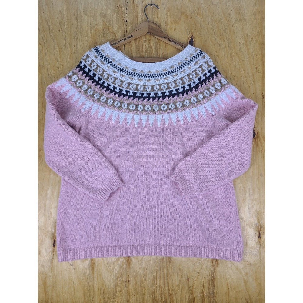 Fair Isle‎ Nordic Cottagecore Grannycore Cozy Sweater Wm LG Pink Knit Crew Neck